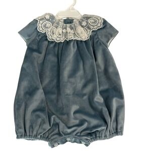 Luli & Me Baby Blue Velvet Lace Collar Bubble Romper 3M Heirloom Christening